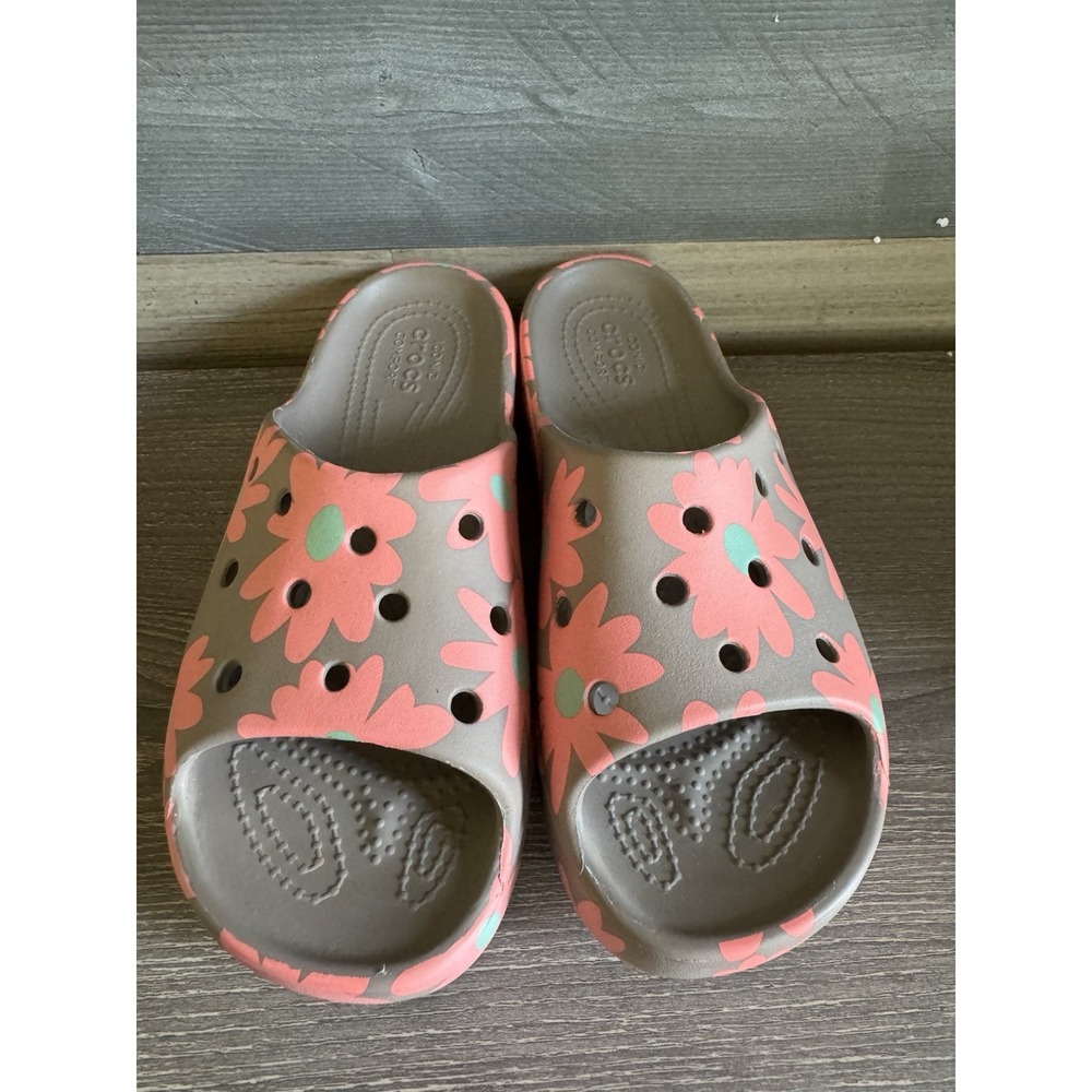 Crocs Women's Pink/Gray Floral Slide Sandals Slip-On‎ Casual Size 4 NWOT